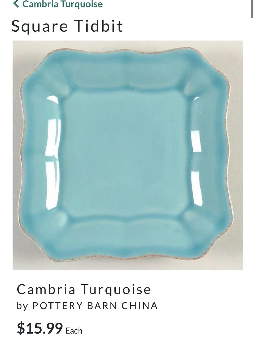 Pottery Barn Turquoise Square Scalloped Ceramic 5.25” Tidbit Plates - Set of 5